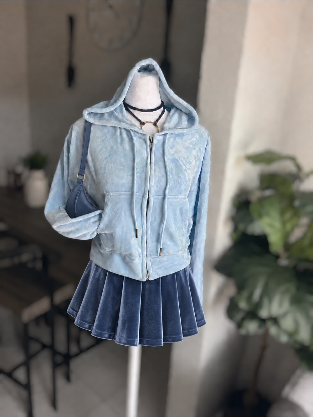 Light Blue Velvet Pleated Mini Skirt - Women